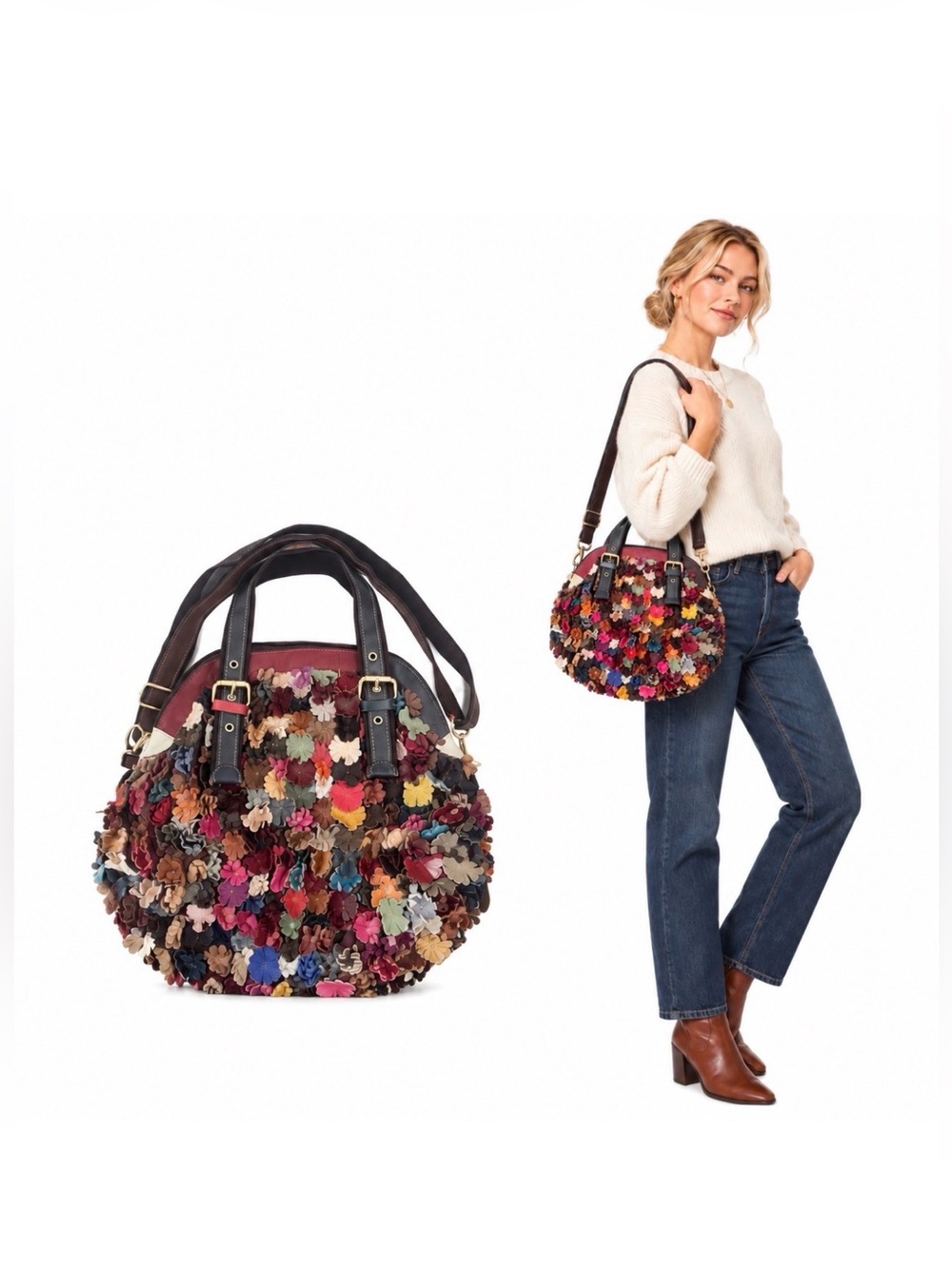 Boutique Leather Floral Appliqué Tote Bag – Multicolor Statement Purse